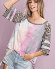 BiBi Tiedye French Terry with Leopard Sleeve Top