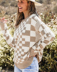 Brown Checkered Print Drop Shoulder Round Neck Sweater