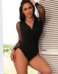 Crotch Polka dot mesh Long Sleeve V Neck Bodysuit