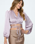 Silky Satin Wrap Crop Top with Tie