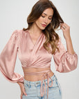 Silky Satin Wrap Crop Top with Tie
