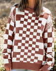 Brown Checkered Print Drop Shoulder Round Neck Sweater