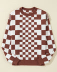 Brown Checkered Print Drop Shoulder Round Neck Sweater