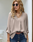 Apricot V Neck 3/4 Sleeve Hem Shirt