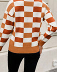 Checkered Ribbed Edge O Neck Drop Shoulder Sweater