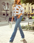 Checkered Ribbed Edge O Neck Drop Shoulder Sweater