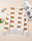 Checkered Ribbed Edge O Neck Drop Shoulder Sweater