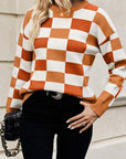 Checkered Ribbed Edge O Neck Drop Shoulder Sweater