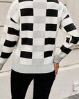 Checkered Ribbed Edge O Neck Drop Shoulder Sweater