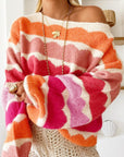 Yellow Wave Striped Balloon Sleeve Drop Shoulder Sweater