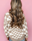 Brown Checkered Print Drop Shoulder Round Neck Sweater