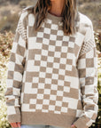 Brown Checkered Print Drop Shoulder Round Neck Sweater