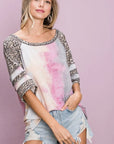 BiBi Tiedye French Terry with Leopard Sleeve Top