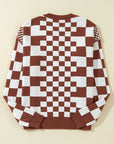 Brown Checkered Print Drop Shoulder Round Neck Sweater
