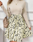 Beige Ribbed Knit Belted A-line Dress with Patchwork Print