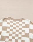 Brown Checkered Print Drop Shoulder Round Neck Sweater