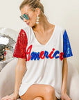BiBi Metallic Letter V-neck Sequin Sleeves Top