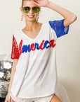 BiBi Metallic Letter V-neck Sequin Sleeves Top