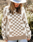 Brown Checkered Print Drop Shoulder Round Neck Sweater