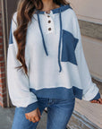 White Corded Colorblock Patch Pocket Drawstring Hooded Top