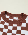 Brown Checkered Print Drop Shoulder Round Neck Sweater