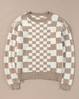 Brown Checkered Print Drop Shoulder Round Neck Sweater