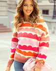 Yellow Wave Striped Balloon Sleeve Drop Shoulder Sweater