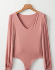 Fuchsia Elegant V-Neck Long Sleeve Casual Bodysuit