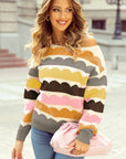 Yellow Wave Striped Balloon Sleeve Drop Shoulder Sweater