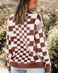 Brown Checkered Print Drop Shoulder Round Neck Sweater
