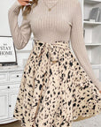 Beige Ribbed Knit Belted A-line Dress with Patchwork Print