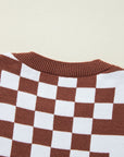Brown Checkered Print Drop Shoulder Round Neck Sweater