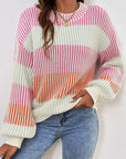 Pink Colorblock Textured Knit Bubble Sleeve Sweater
