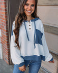 White Corded Colorblock Patch Pocket Drawstring Hooded Top