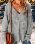 Light Grey Oversized V Neck Drop Shoulder Sweater with Eyelet Detail