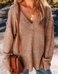 Light Grey Oversized V Neck Drop Shoulder Sweater with Eyelet Detail