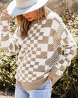 Brown Checkered Print Drop Shoulder Round Neck Sweater