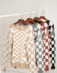 Brown Checkered Print Drop Shoulder Round Neck Sweater