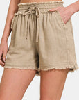 Zenana Washed Linen Frayed Hem Drawstring Shorts