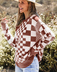 Brown Checkered Print Drop Shoulder Round Neck Sweater