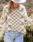 Brown Checkered Print Drop Shoulder Round Neck Sweater