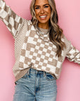 Brown Checkered Print Drop Shoulder Round Neck Sweater