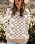 Brown Checkered Print Drop Shoulder Round Neck Sweater