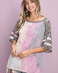 BiBi Tiedye French Terry with Leopard Sleeve Top