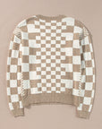 Brown Checkered Print Drop Shoulder Round Neck Sweater