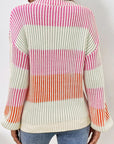 Pink Colorblock Textured Knit Bubble Sleeve Sweater