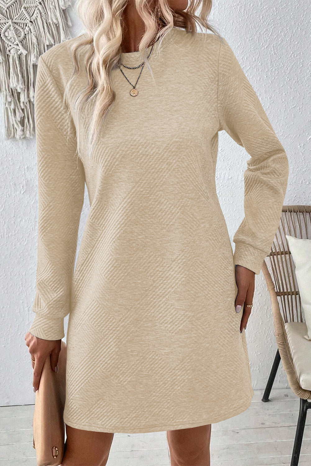Apricot Textured Long Sleeve Mini Shift Dress  Plush Pines