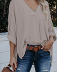 Apricot V Neck 3/4 Sleeve Hem Shirt