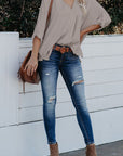Apricot V Neck 3/4 Sleeve Hem Shirt