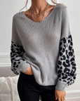 Womens V Neck Sweater With Leopard Print Sleeves